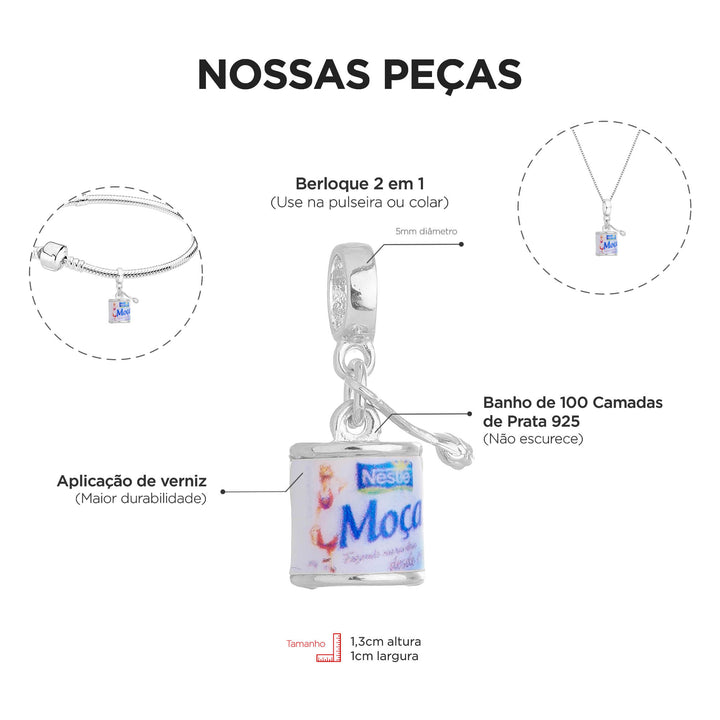 Berloque Leite Moça prateado — ângulo lateral semijoia Work Semijoias