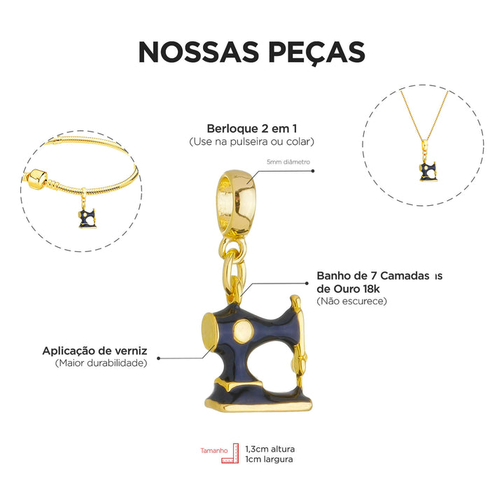 Berloque Máquina de Costura dourado — ângulo lateral semijoia Work Semijoias