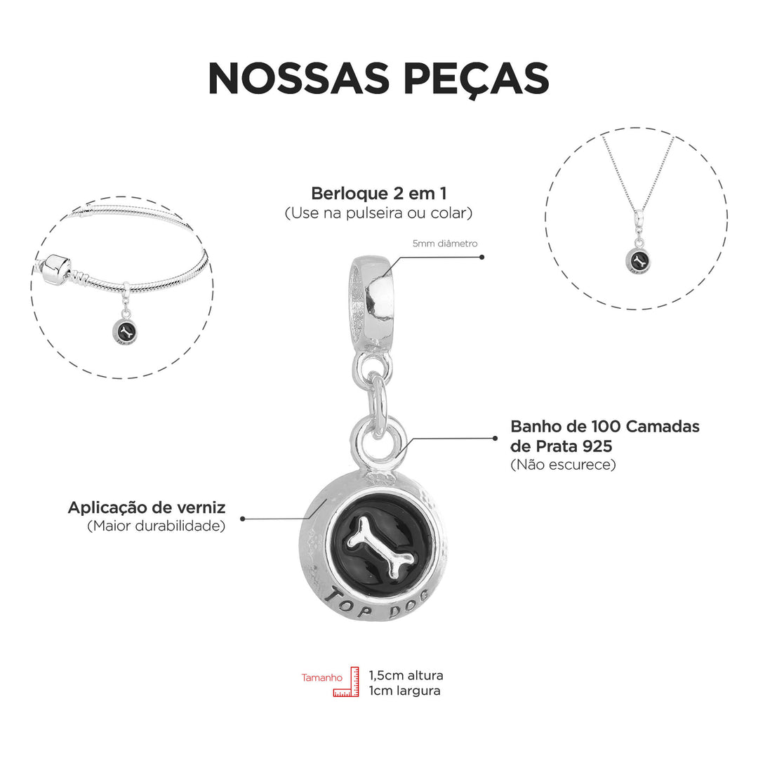 Berloque Comedouro Cachorro prateado — detalhe da peça Work Semijoias