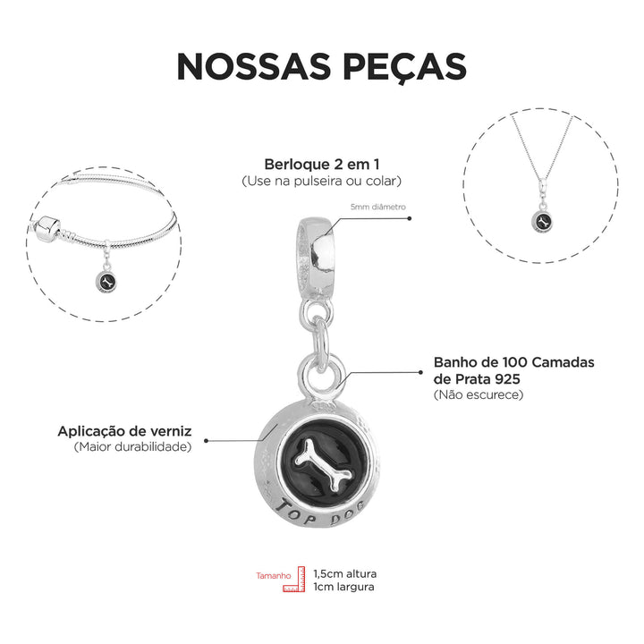 Berloque Comedouro Cachorro prateado — detalhe da peça Work Semijoias