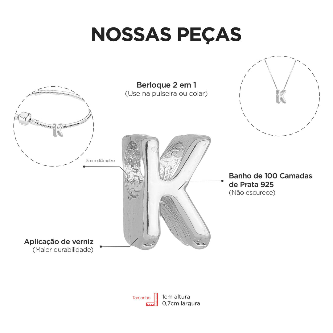 Berloque Letra K separador prateado — detalhe da peça Work Semijoias