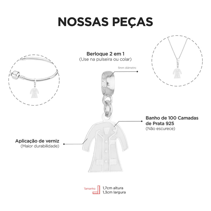 Berloque Jaleco de Enfermagem prateado — detalhe da peça Work Semijoias