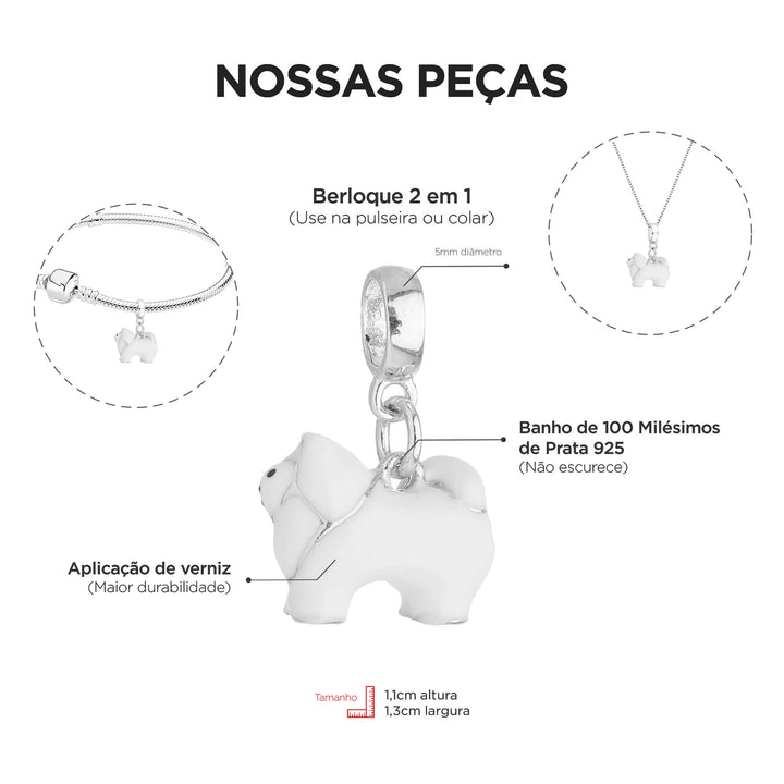 Berloque Spitz Alemão prateado — ângulo lateral semijoia Work Semijoias