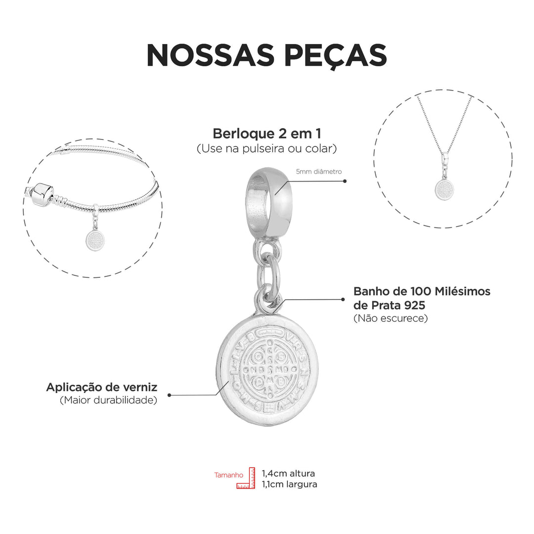 Berloque Medalha de São Bento prateado — detalhe da peça Work Semijoias