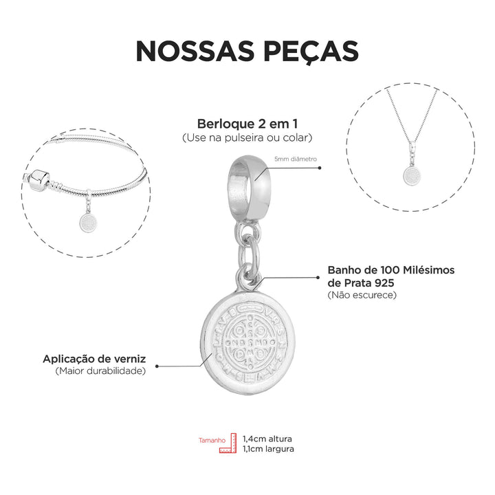 Berloque Medalha de São Bento prateado — detalhe da peça Work Semijoias