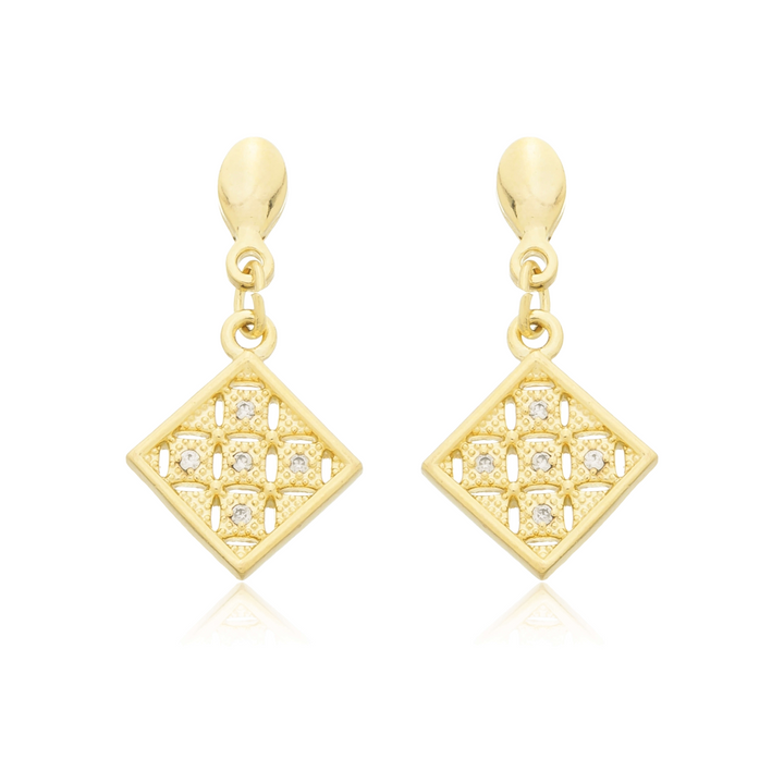 Brinco Quadrado Balanço Cravejado dourado semijoia Work Semijoias
