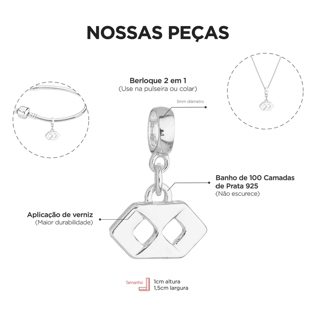 Berloque Símbolo da Administração prateado — detalhe da peça Work Semijoias