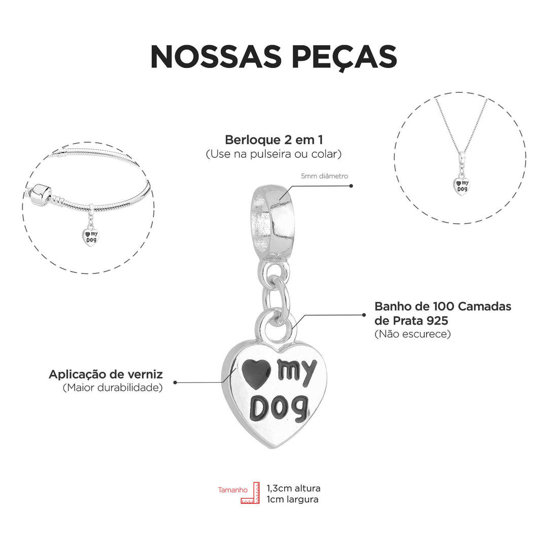 Berloque Coração Cachorro prateado — ângulo lateral semijoia Work Semijoias