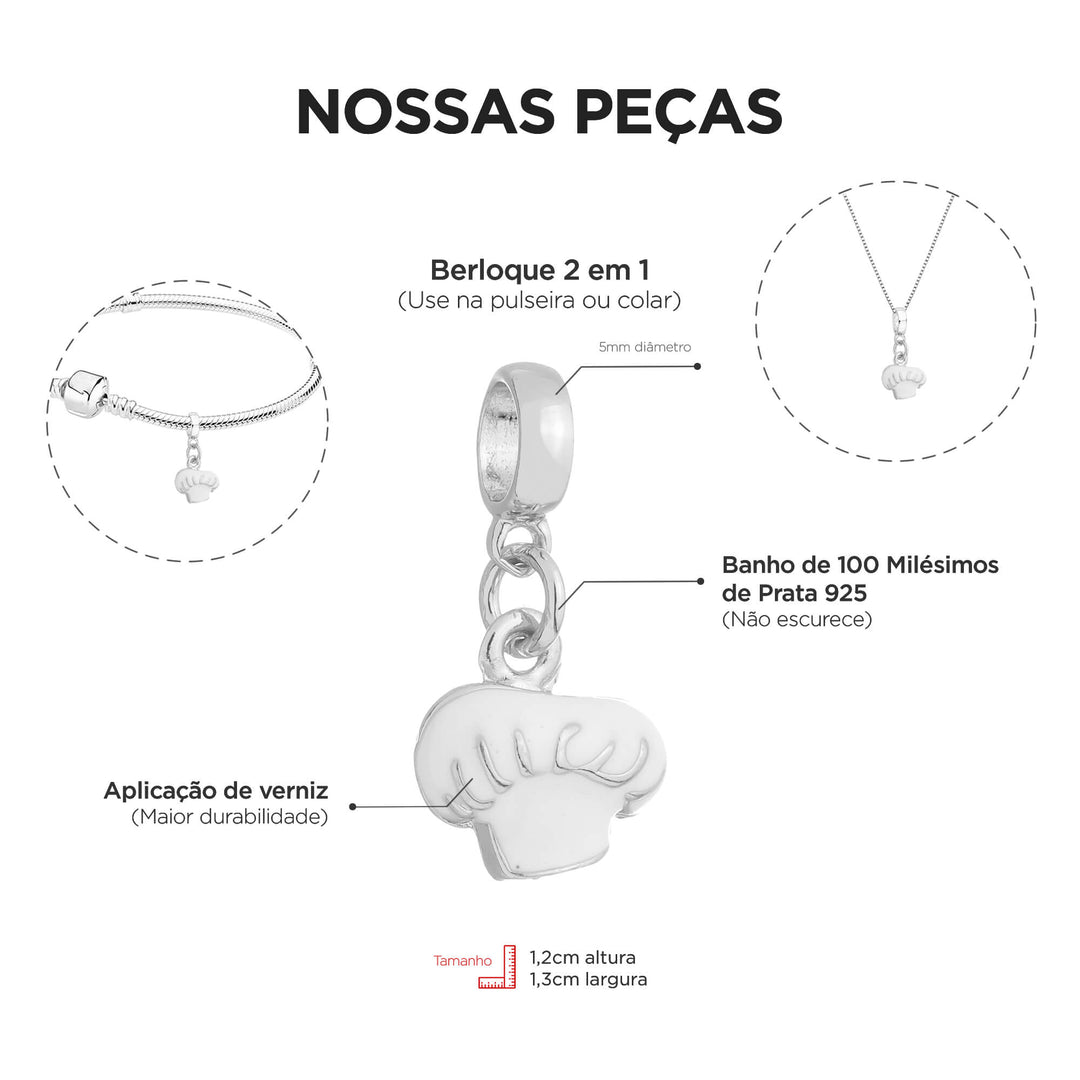 Berloque Chapéu Gastronomia prateado — ângulo lateral semijoia Work Semijoias