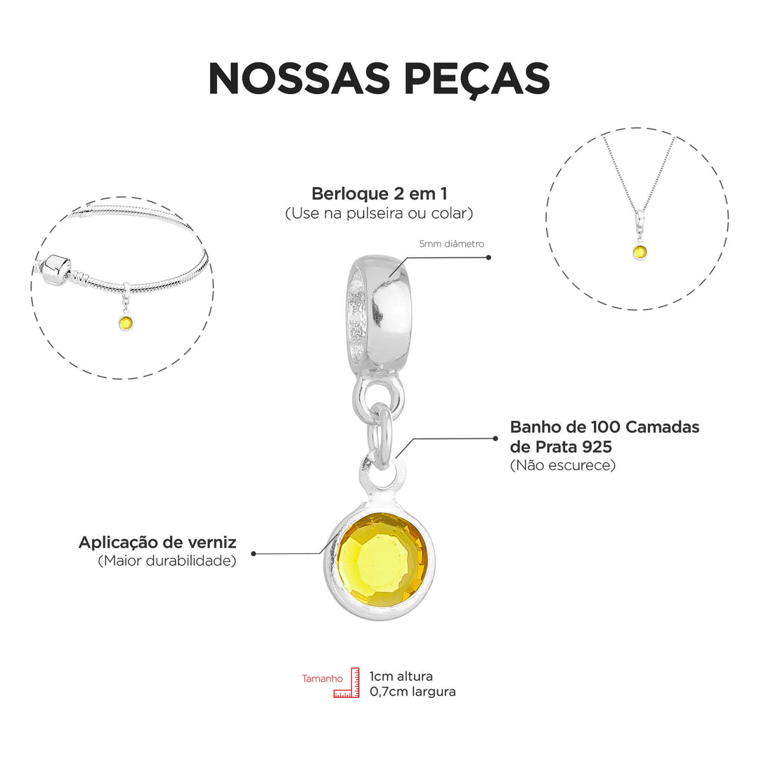 Berloque Cristal Amarelo prateado — detalhe da peça Work Semijoias