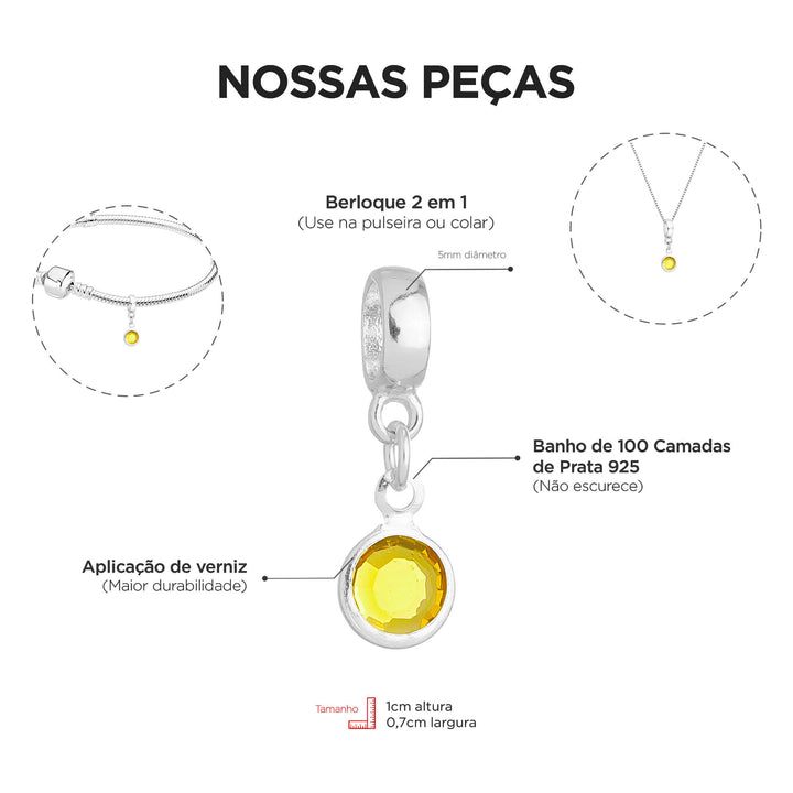 Berloque Cristal Amarelo prateado — detalhe da peça Work Semijoias