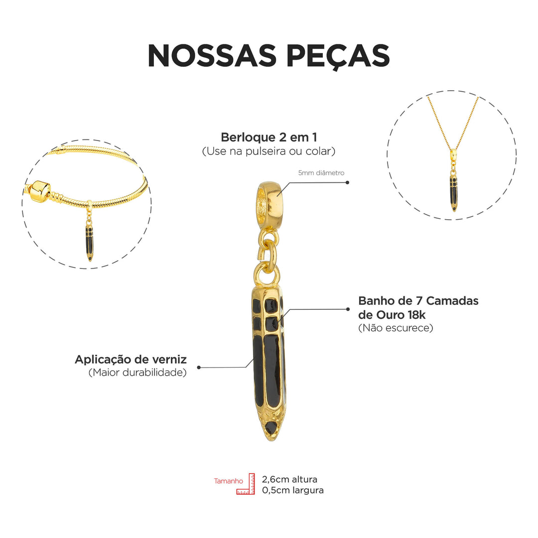 Berloque Lápis dourado — ângulo lateral semijoia Work Semijoias