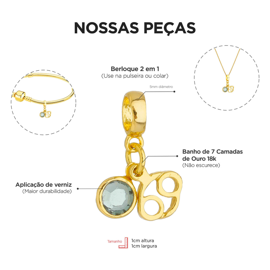 Berloque Signo Câncer dourado — ângulo lateral semijoia Work Semijoias