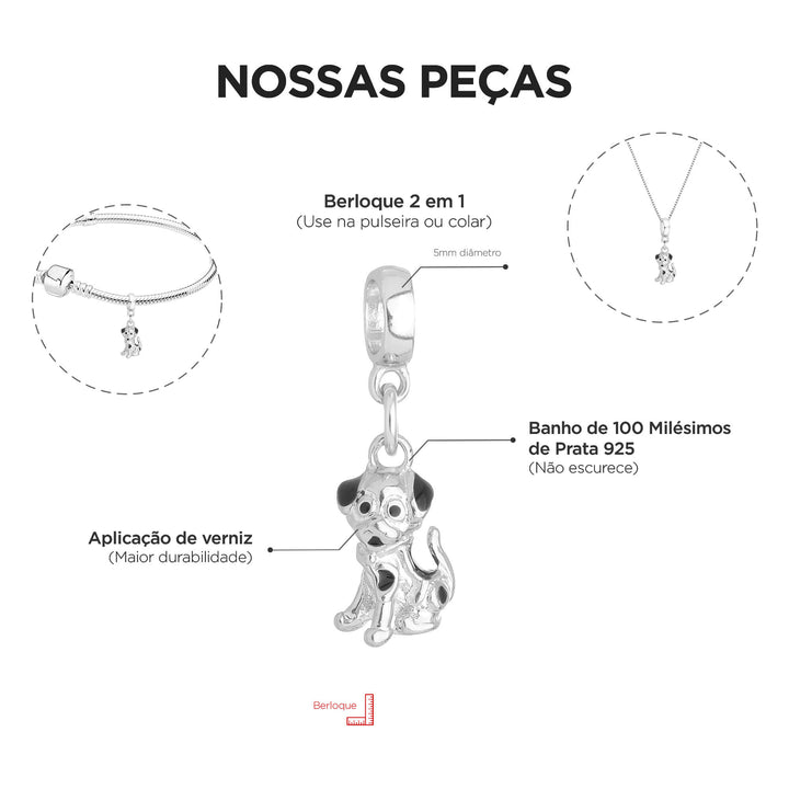 Berloque Cachorro prateado — ângulo lateral semijoia Work Semijoias