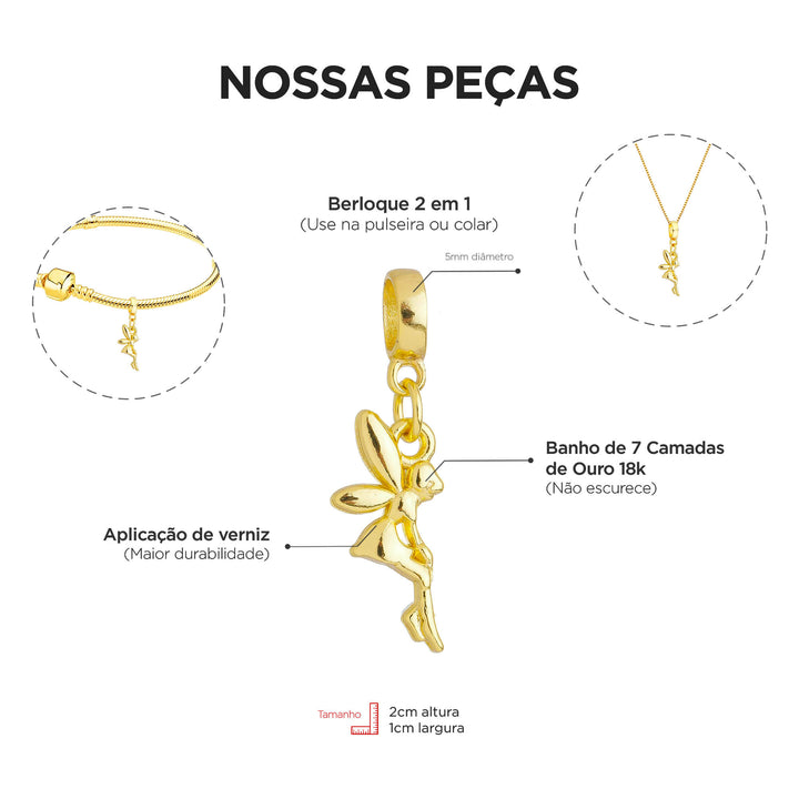 Berloque Fada Sininho dourado — ângulo lateral semijoia Work Semijoias