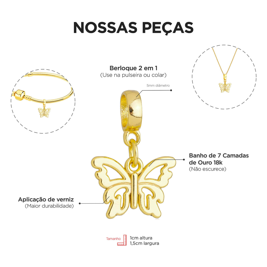 Berloque Borboleta dourado — ângulo lateral semijoia Work Semijoias