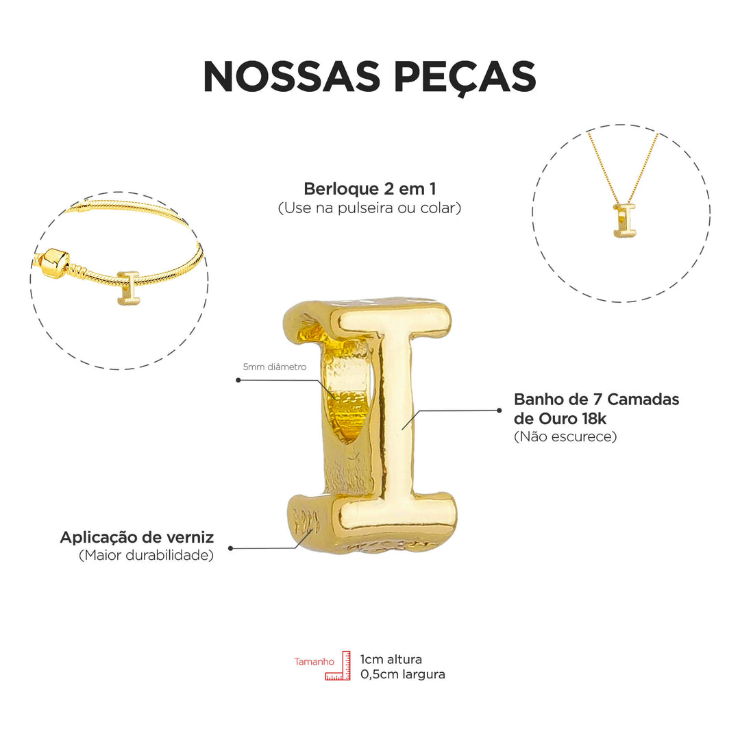 Berloque Letra I dourado — ângulo lateral semijoia Work Semijoias