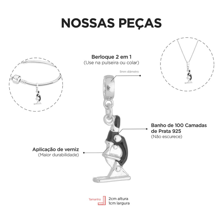 Berloque Microscópio Biomedicina prateado — detalhe da peça Work Semijoias