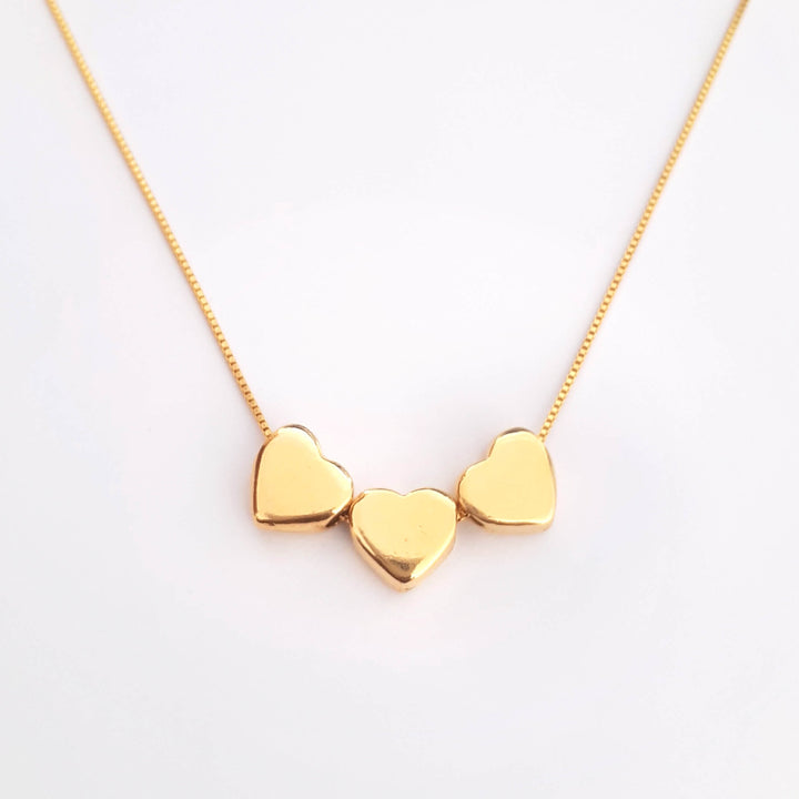 Colar Pingente 3 Corações Banhado a Ouro 18k