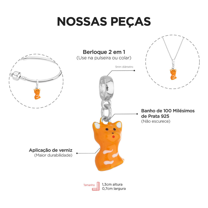 Berloque Gato Laranja prateado — ângulo lateral semijoia Work Semijoias