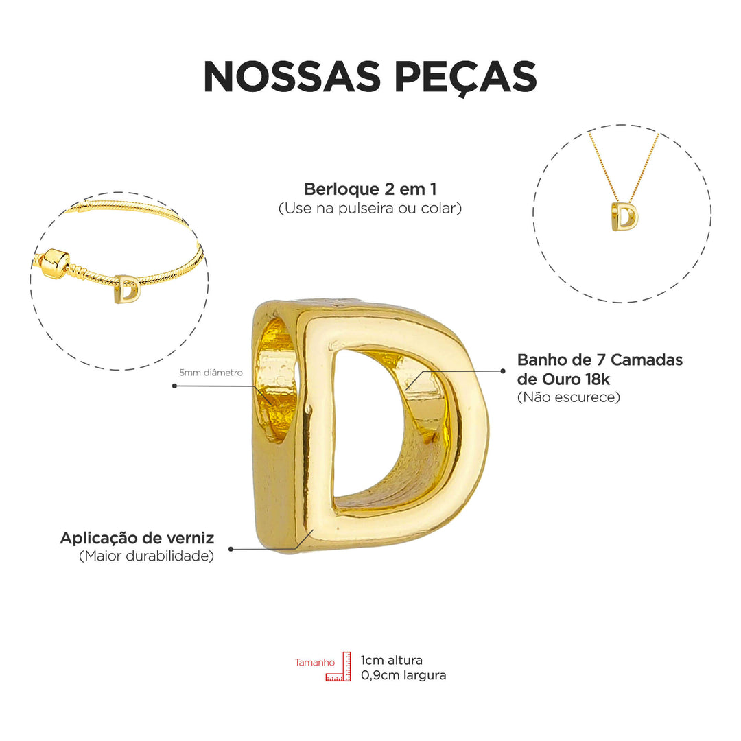 Berloque Letra D dourado — ângulo lateral semijoia Work Semijoias