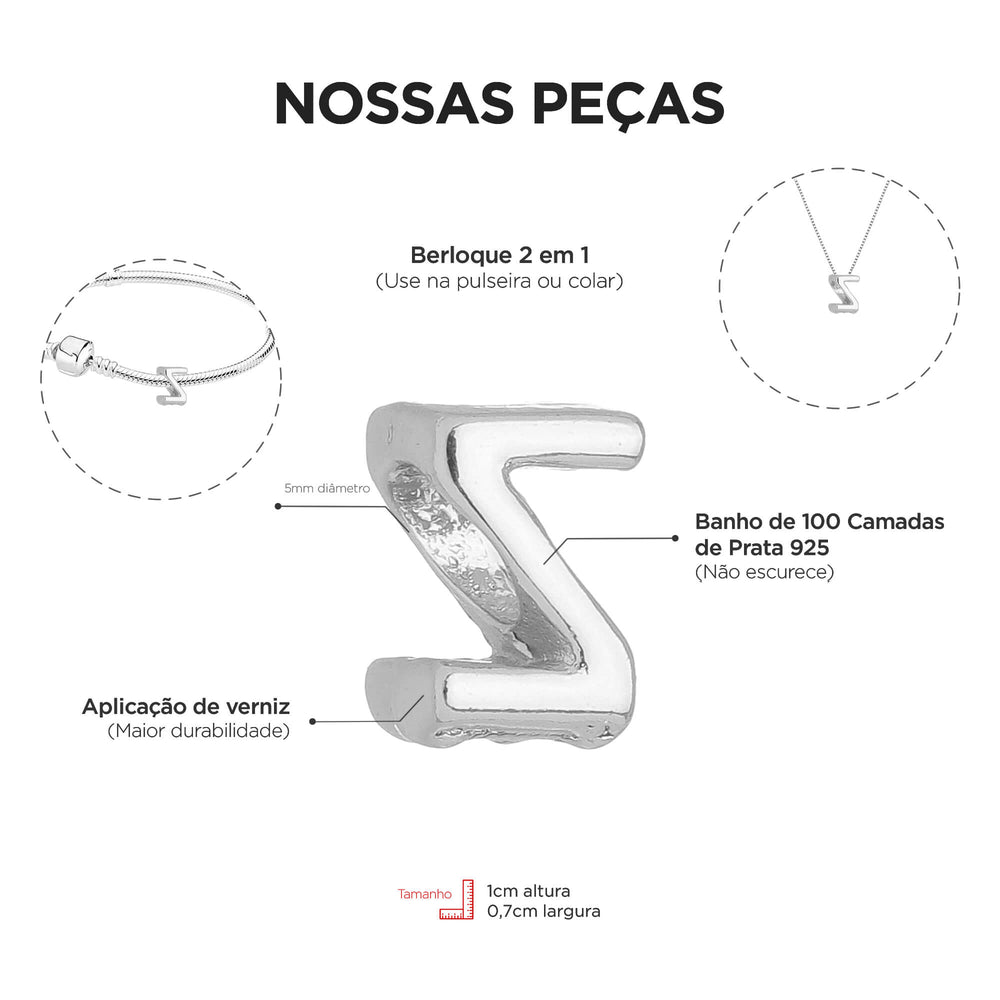 Berloque Letra Z separador prateado — detalhe da peça Work Semijoias