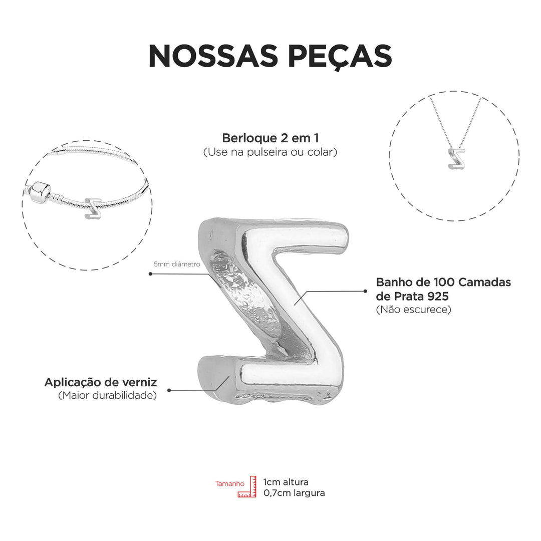 Berloque Letra Z separador prateado — detalhe da peça Work Semijoias