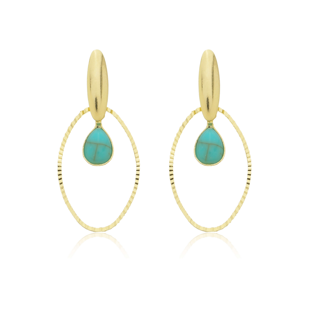 Brinco Pingente Argola com Gota Turquesa dourado semijoia Work Semijoias