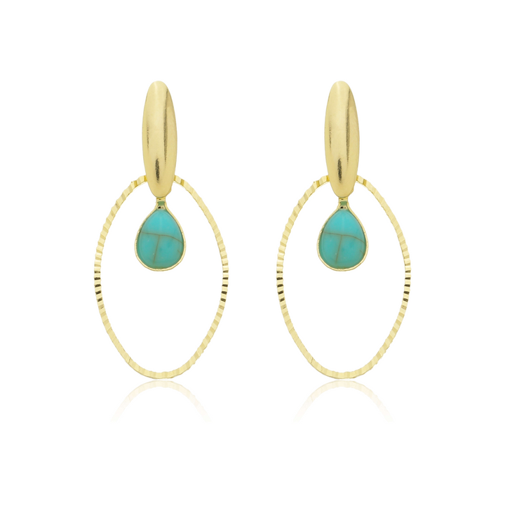 Brinco Pingente Argola com Gota Turquesa dourado semijoia Work Semijoias