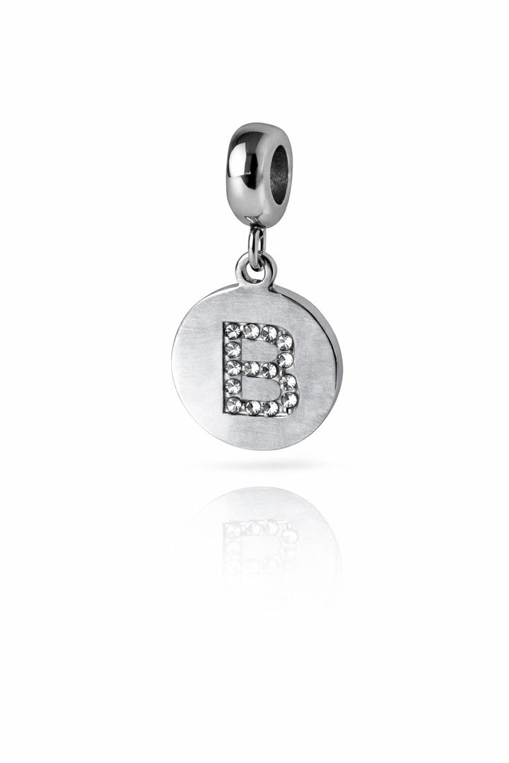 Berloque Medalha Letra B Cravejada Zircônia aço inox semijoia Work Semijoias