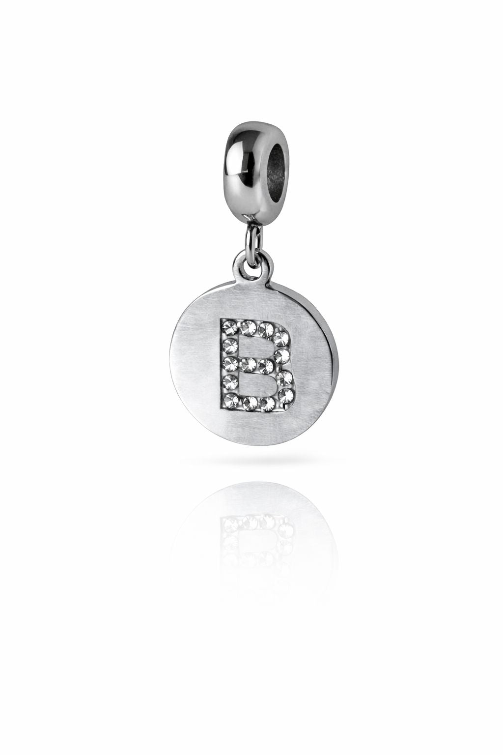 Berloque Medalha Letra B Redonda Cravejada Zircônia aço inox semijoia Work Semijoias