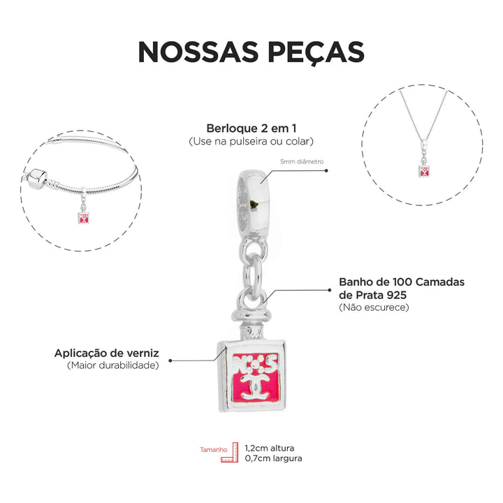 Berloque Perfume prateado — detalhe da peça Work Semijoias