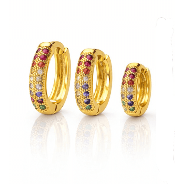 Trio Brincos Argolas Cravejadas Coloridas Zircônia dourado semijoia Work Semijoias