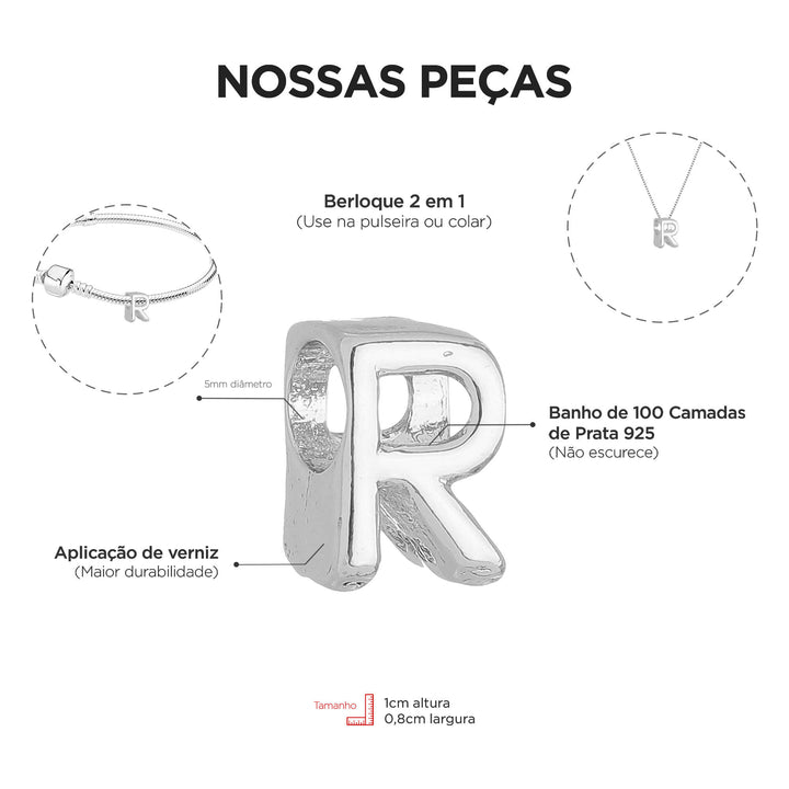 Berloque Letra R separador prateado — detalhe da peça Work Semijoias