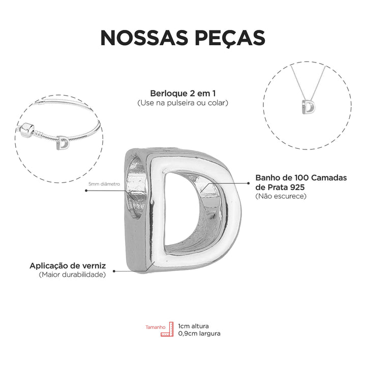 Berloque Letra D separador prateado — detalhe da peça Work Semijoias