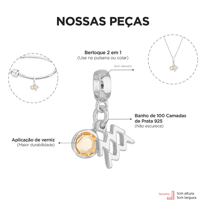 Berloque Signo Aquário prateado — detalhe da peça Work Semijoias