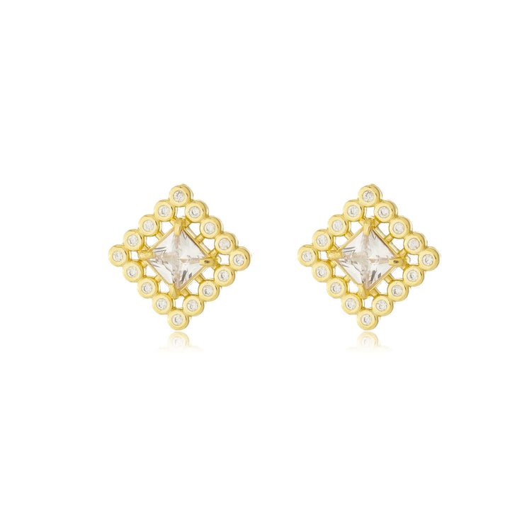 Brinco Quadrado Pedras Cravejado dourado semijoia Work Semijoias