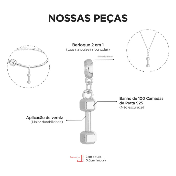 Colar Pingente Peso de Academia Banhado a Prata 925