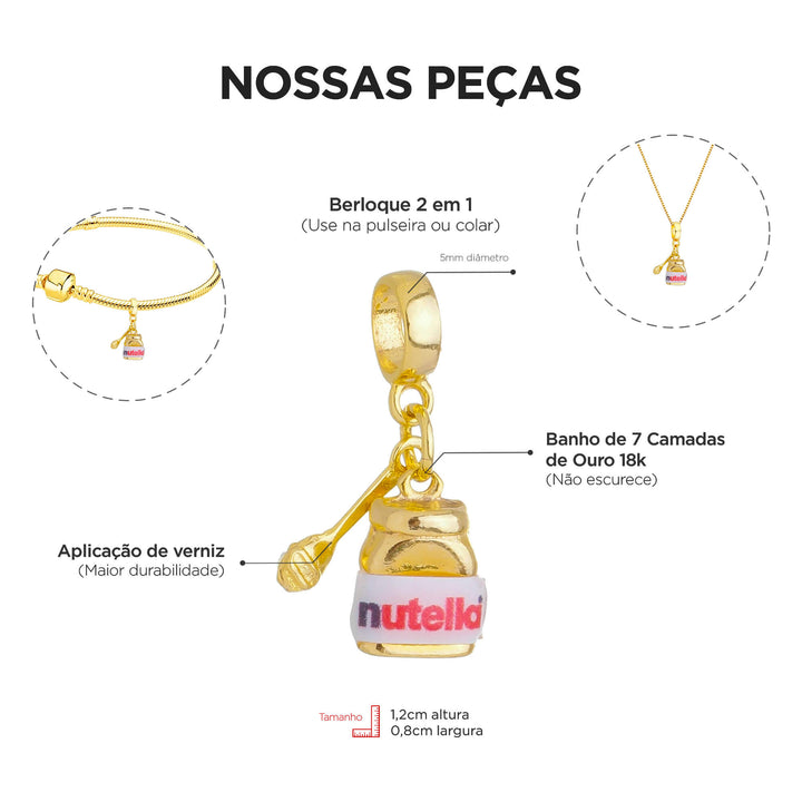 Berloque Nutella Chocolate dourado — close-up argola Work Semijoias