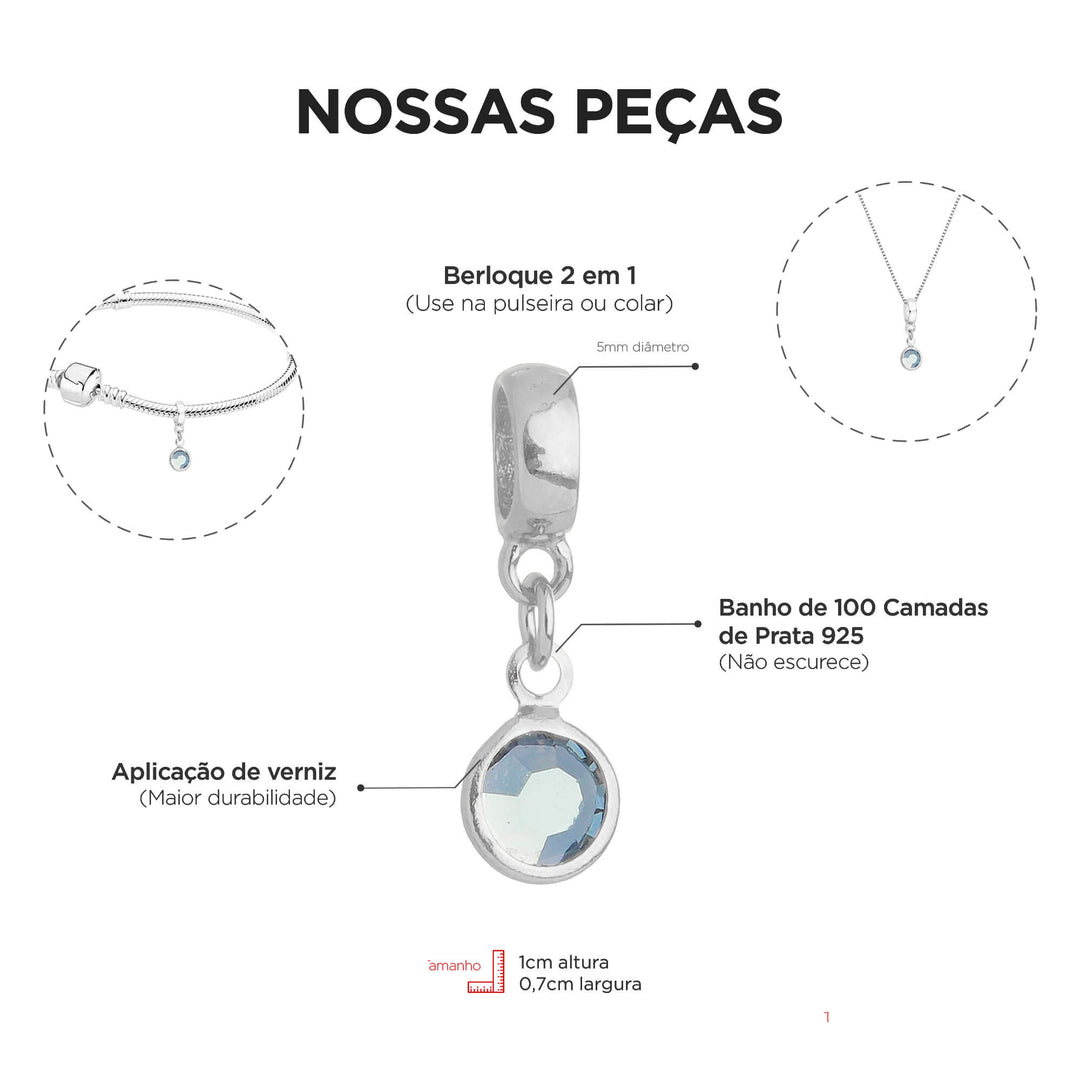 Berloque Cristal Cinza prateado — detalhe da peça Work Semijoias