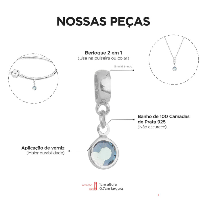 Berloque Cristal Cinza prateado — detalhe da peça Work Semijoias
