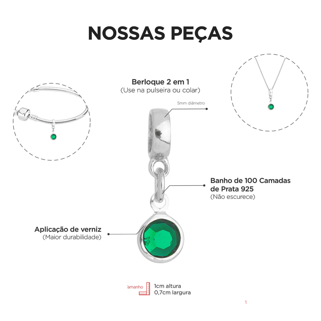 Berloque Cristal Verde prateado — detalhe da peça Work Semijoias