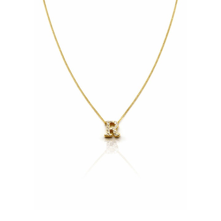 Colar Letra R Cravejado Zircônia dourado semijoia Work Semijoias