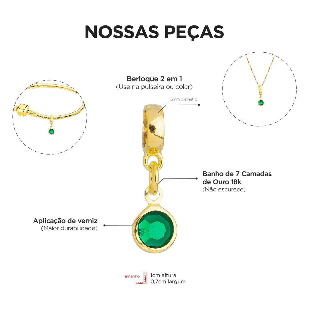 Berloque Cristal Verde dourado — detalhe da peça Work Semijoias