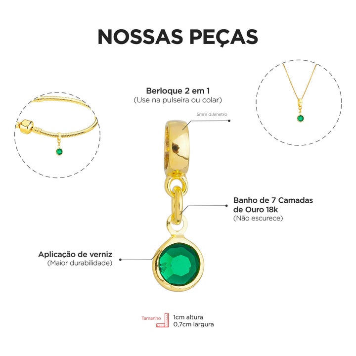 Berloque Cristal Verde dourado — detalhe da peça Work Semijoias