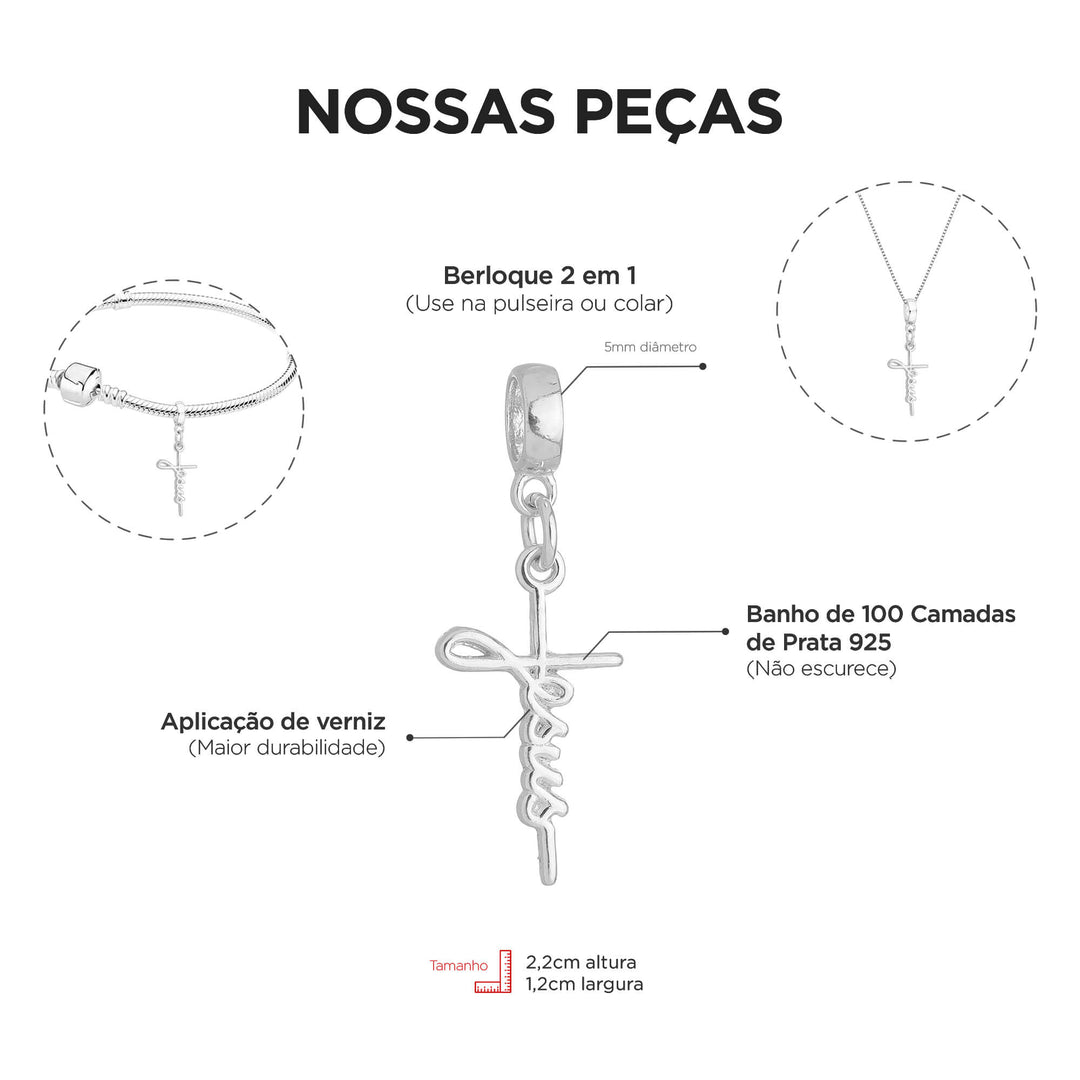Berloque Jesus Cristo Cruz prateado — detalhe da peça Work Semijoias