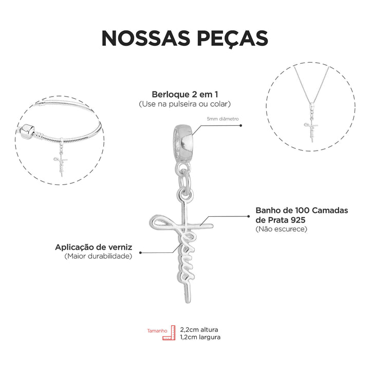 Berloque Jesus Cristo Cruz prateado — detalhe da peça Work Semijoias