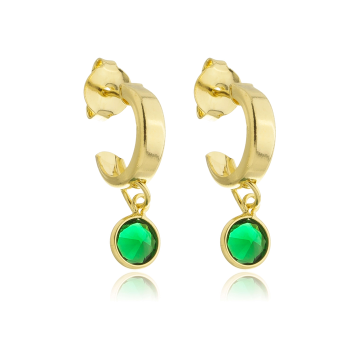 Brinco Meia Argola com Pingente Zircônia Verde dourado semijoia Work Semijoias