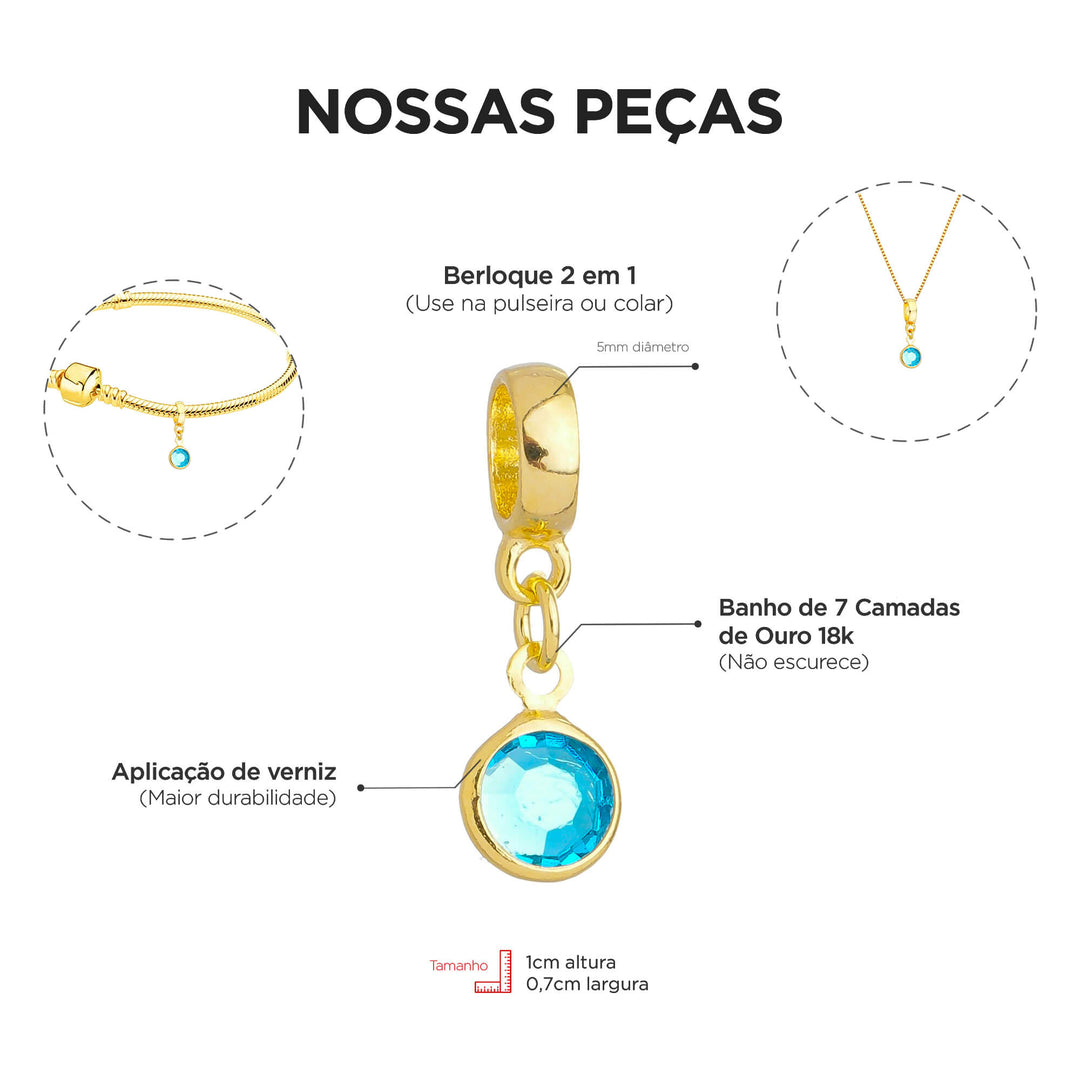 Berloque Cristal Azul Claro dourado — detalhe da peça Work Semijoias