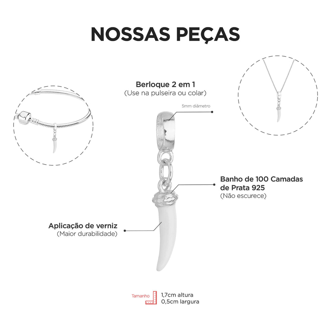 Berloque Dente de Sabre prateado — detalhe da peça Work Semijoias